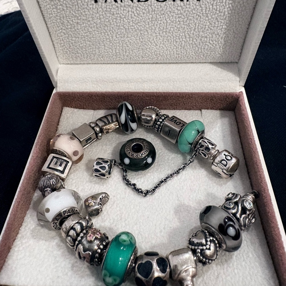 Pandora Silver and Teal Charm Bracelet